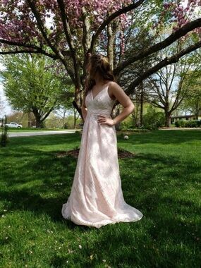 Crystal Doll Blush Pink V-Neck Prom Gown